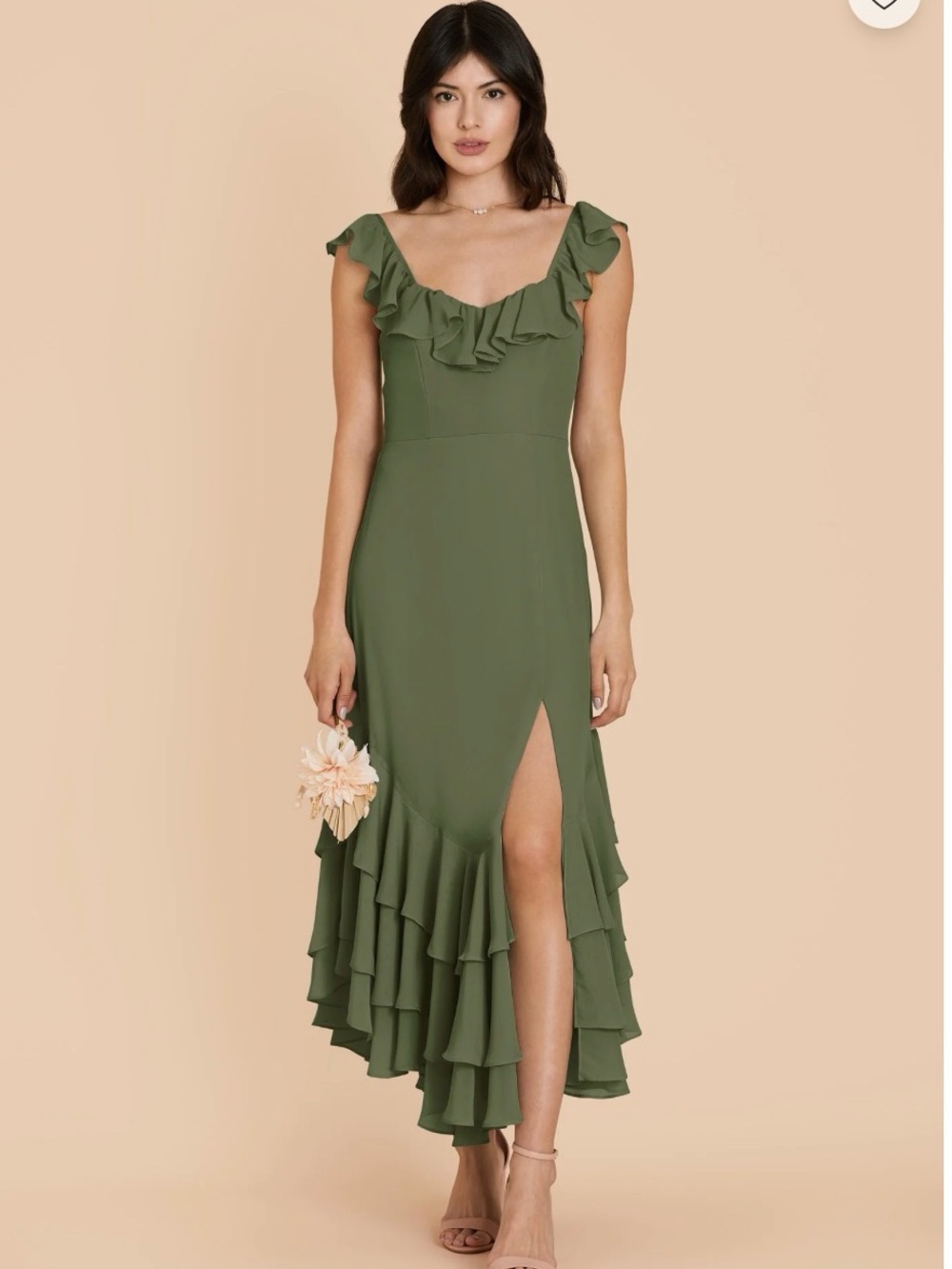 Birdy Grey Olive Green Ruffle Midi Dress with High Slit